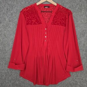Cocomo Blouse Womens L Red Burnout Velvet Yoke Pleated Tunic Top Roll Tab Sleeve